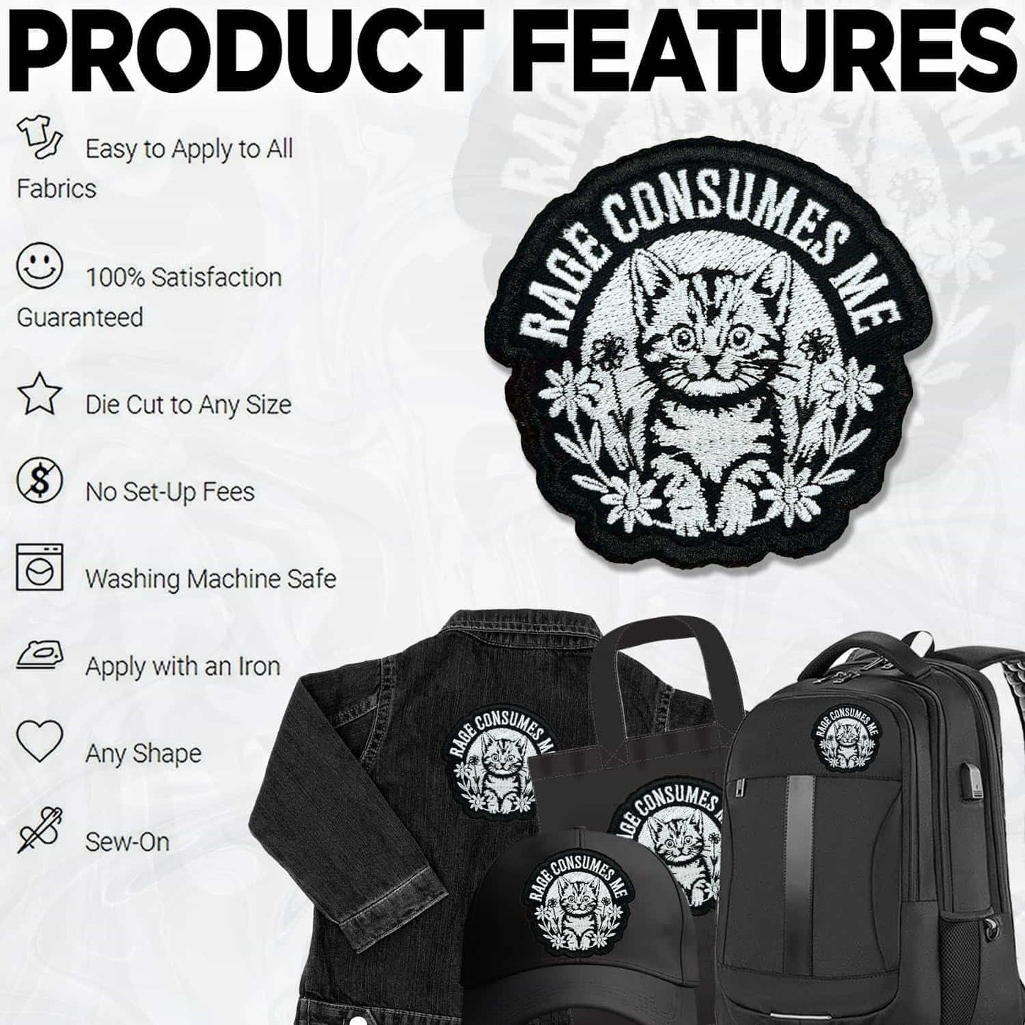 Cat Rage Consumes Me Patch 3 Inch Funny Cute Cat Sarcastic Kitten Flower Embroidered Patches Iron On Sew On for Backpack, Jacket, Hat, Jeans DIY Uniform Clothes Gift for Men Women Kid Size 3 Inches