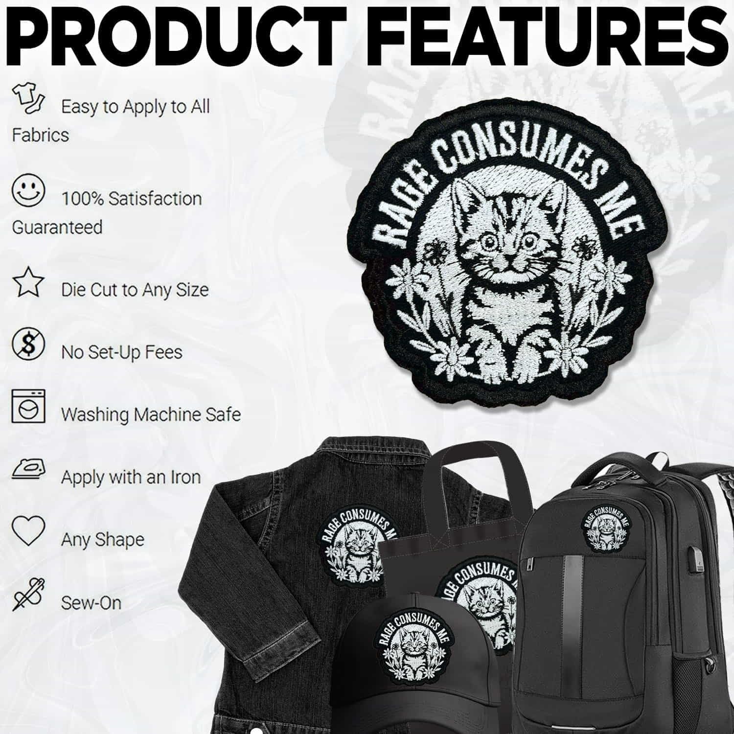 Cat Rage Consumes Me Patch 3 Inch Funny Cute Cat Sarcastic Kitten Flower Embroidered Patches Iron On Sew On for Backpack, Jacket, Hat, Jeans DIY Uniform Clothes Gift for Men Women Kid Size 3 Inches