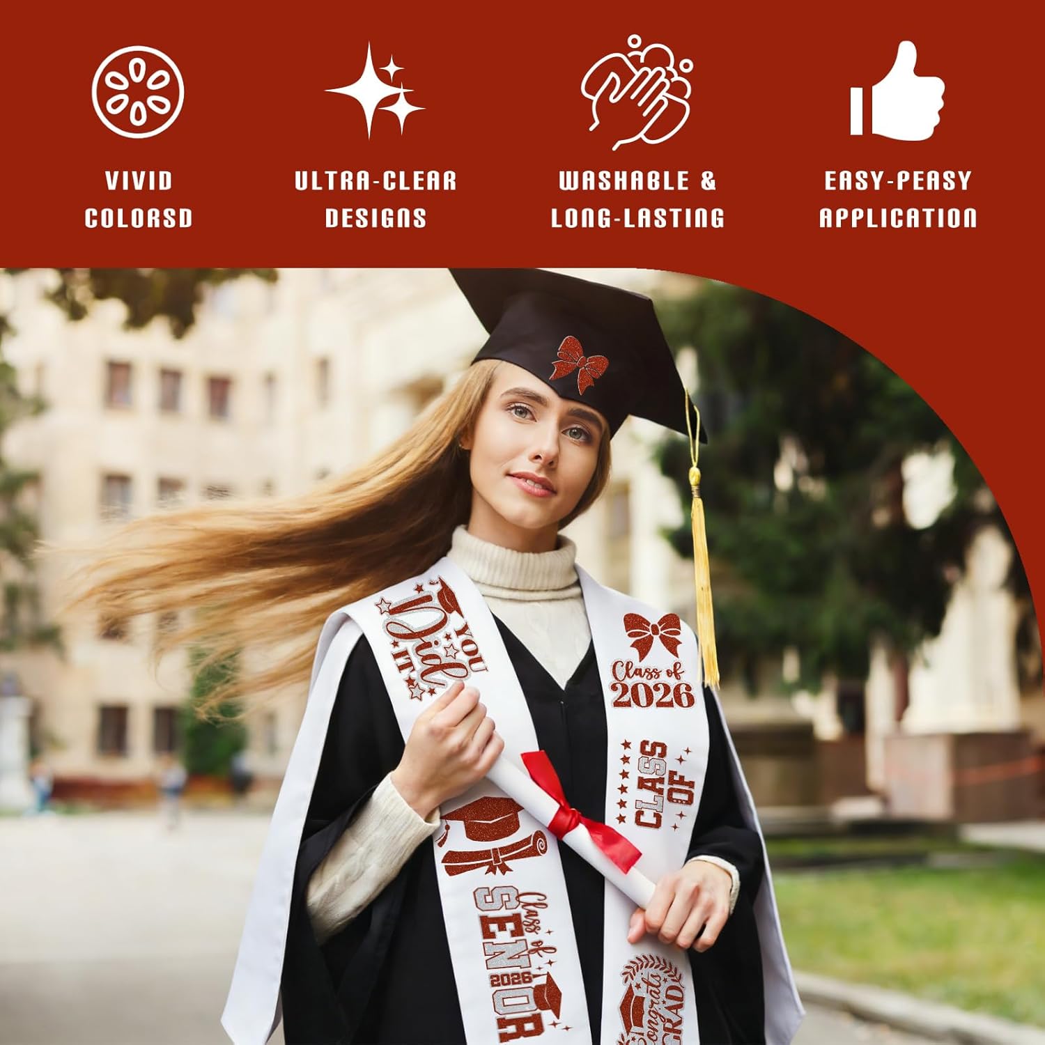 Dazoratix Class of 2026 Iron on Transfers - 6 Sheets Graduation Senior Glitter DTF Transfers Ready to Press Heat Patches Decals Viny Stickers for Shirt Stole Skirts DIY Crafts Decorations (Red Silver)