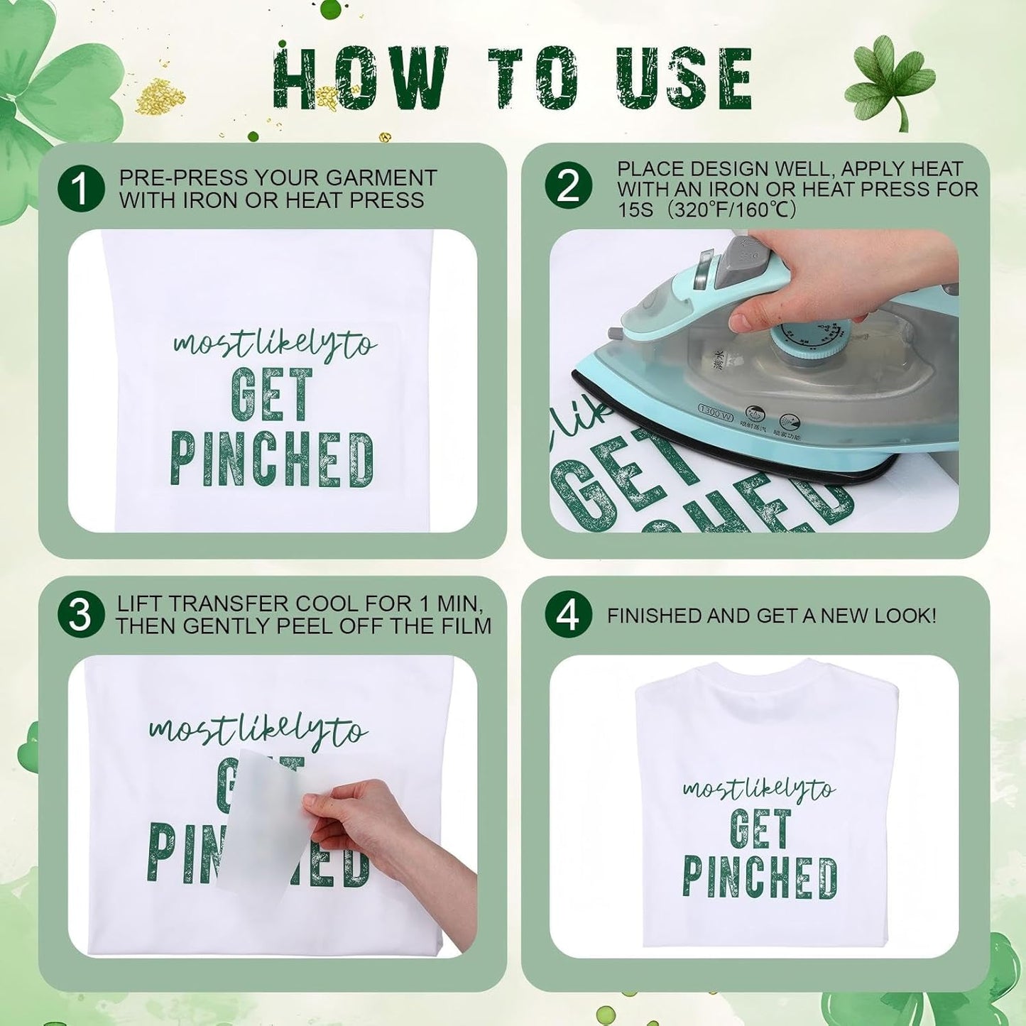 Harloon 12 Pcs St. Patricks Day Iron on Transfers Most Likely Lucky Shamrock Iron on Decals Patches Green Heat Transfers Vinyl Decals for Irish T Shirts Clothes Bag Pillow Covers DIY Craft Decoration