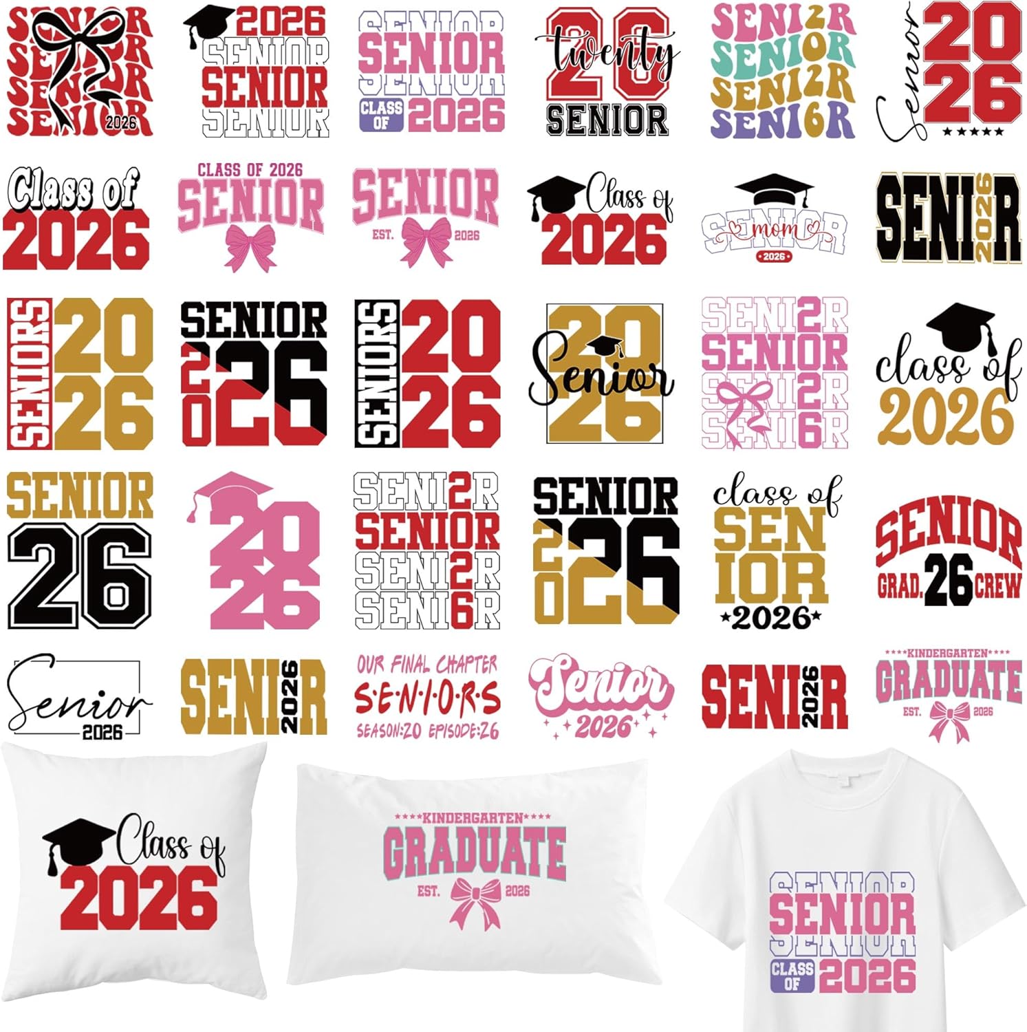 30 Sheets Senior 2026 Iron on Transfers for T-Shirts, Class of 2026 Graduation DTF Transfers Ready to Press Heat Transfers Vinyl, Iron on Patches for Clothes Bag Pillow Covers DIY Crafts