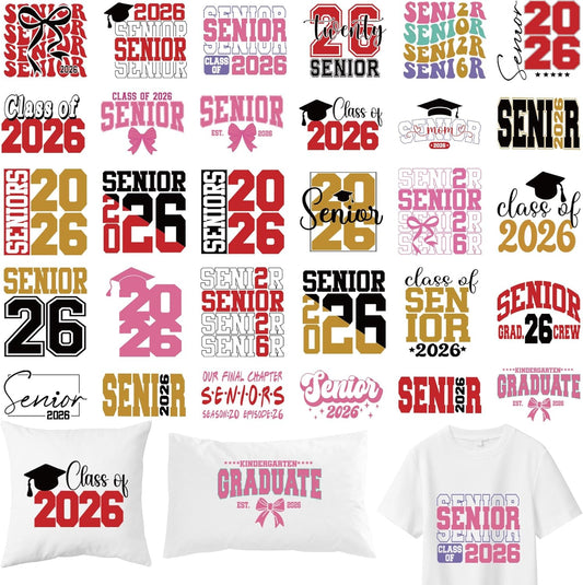 30 Sheets Senior 2026 Iron on Transfers for T-Shirts, Class of 2026 Graduation DTF Transfers Ready to Press Heat Transfers Vinyl, Iron on Patches for Clothes Bag Pillow Covers DIY Crafts
