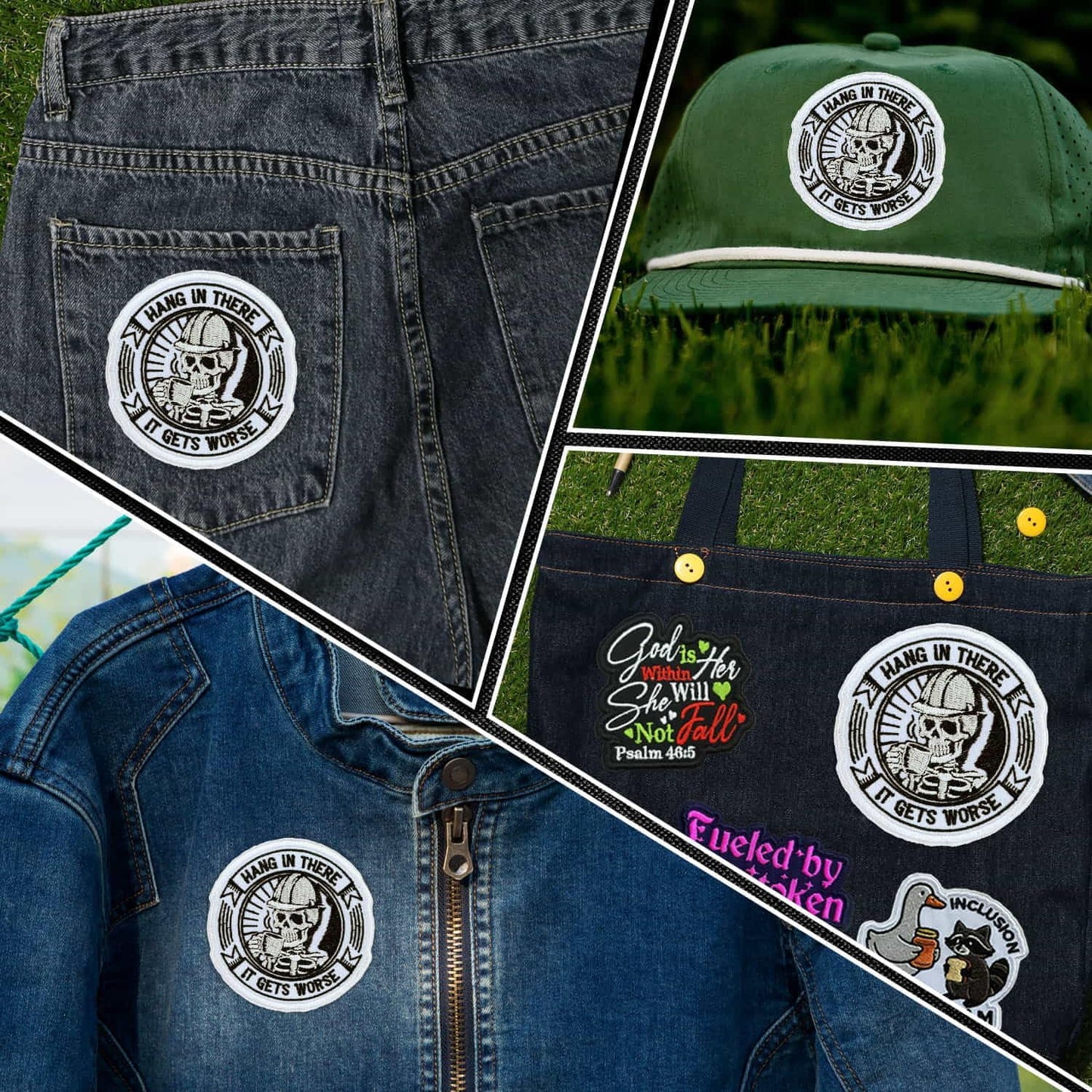Hang in There It Gets Worse Patch 3 Inch Funny Sarcastic Skeleton Mechanics Embroidered Patches Iron On Sew On for Backpack, Jacket, Hat, Jeans DIY Uniform Clothes Gift for Men Women Kid Size 3 Inches