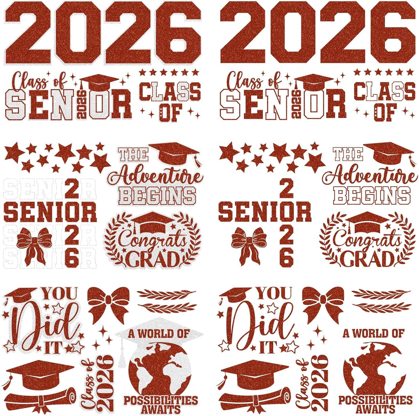 Dazoratix Class of 2026 Iron on Transfers - 6 Sheets Graduation Senior Glitter DTF Transfers Ready to Press Heat Patches Decals Viny Stickers for Shirt Stole Skirts DIY Crafts Decorations (Red Silver)