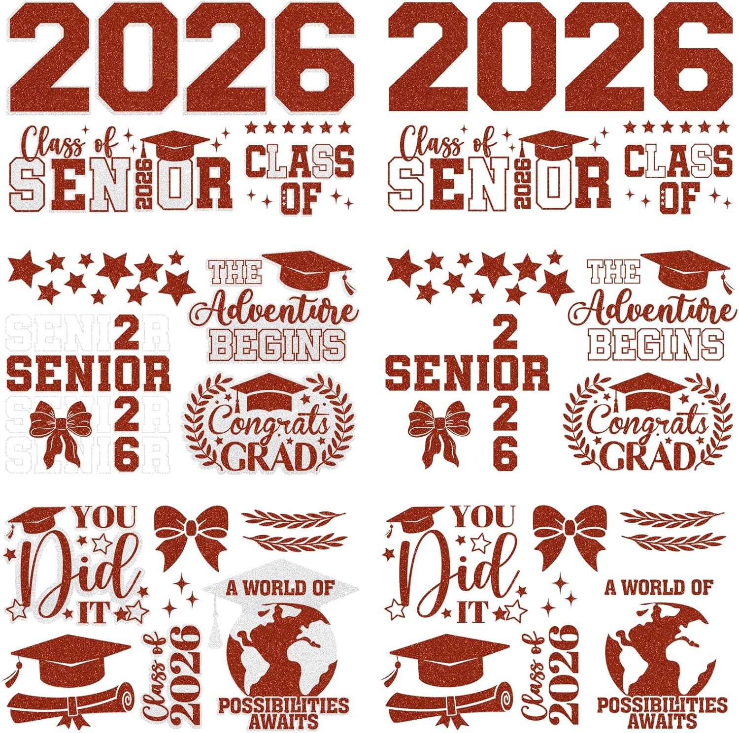 Dazoratix Class of 2026 Iron on Transfers - 6 Sheets Graduation Senior Glitter DTF Transfers Ready to Press Heat Patches Decals Viny Stickers for Shirt Stole Skirts DIY Crafts Decorations (Red Silver)