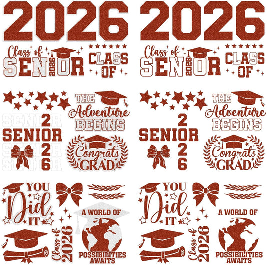 Dazoratix Class of 2026 Iron on Transfers - 6 Sheets Graduation Senior Glitter DTF Transfers Ready to Press Heat Patches Decals Viny Stickers for Shirt Stole Skirts DIY Crafts Decorations (Red Silver)