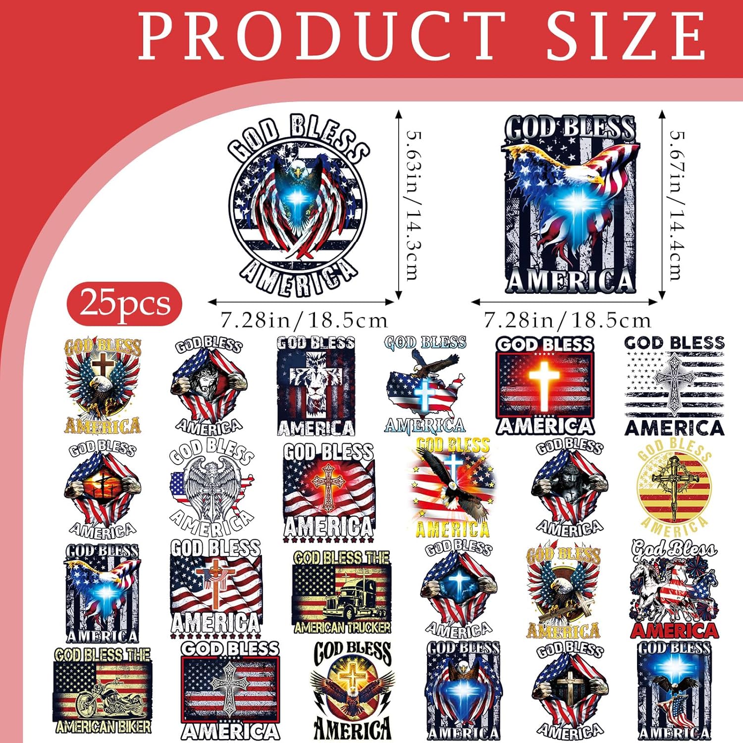 Dazoratix 4th of July Iron on Transfers - 25 Sheets God Bless America DTF Ready to Press Heat Patches American Flag Independence Day Stickers Viny Decals for T Shirts Clothes Pillow Bag Hat DIY Crafts