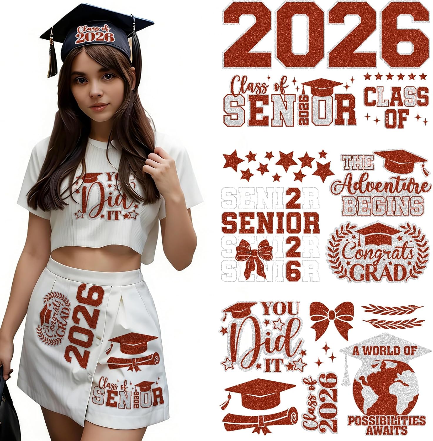 Dazoratix Class of 2026 Iron on Transfers - 6 Sheets Graduation Senior Glitter DTF Transfers Ready to Press Heat Patches Decals Viny Stickers for Shirt Stole Skirts DIY Crafts Decorations (Red Silver)
