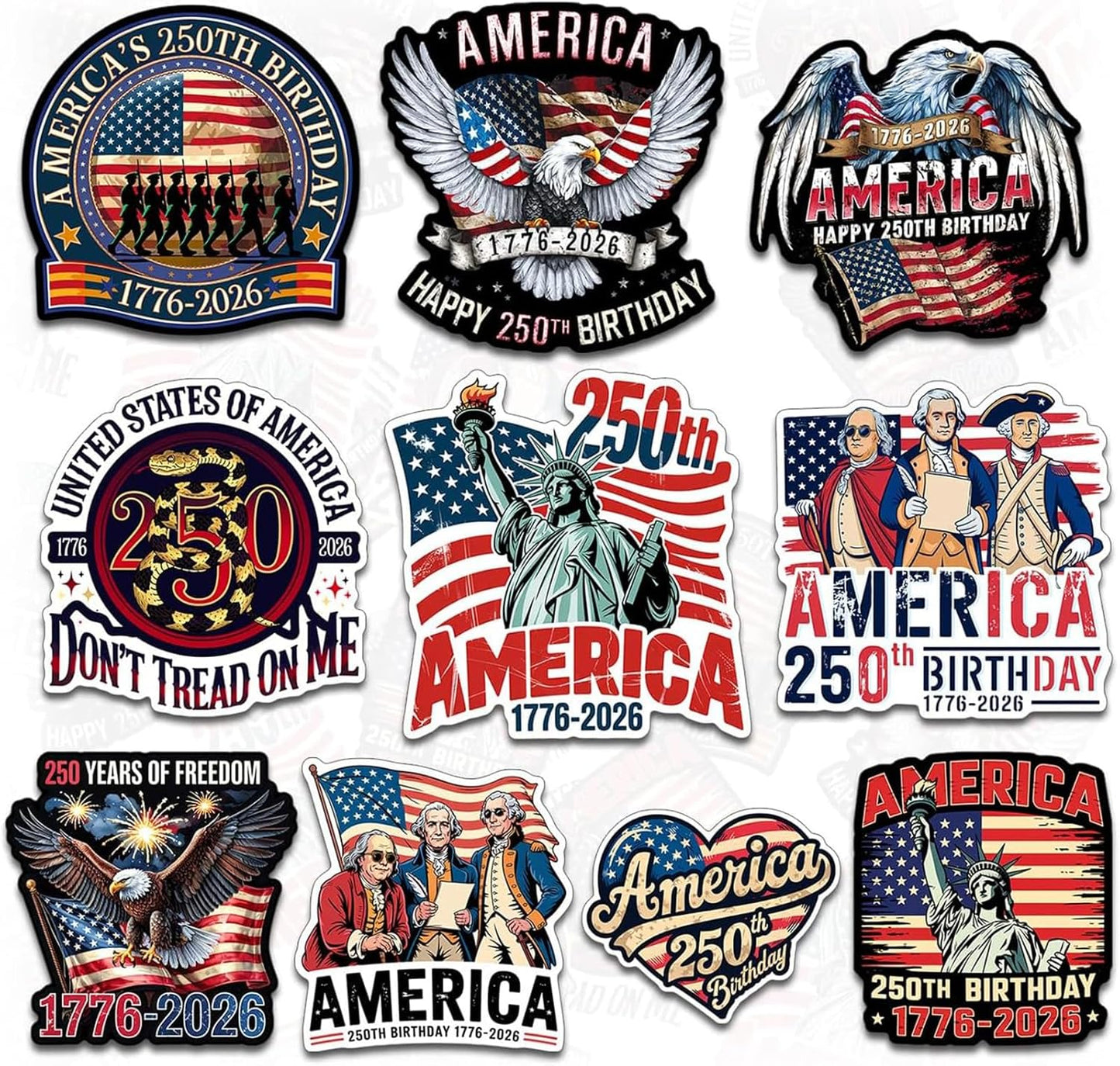 Soccer Iron-on Patches for T-Shirts America's 250th Anniversary Red White Blue Vintage Style 8in & 7.8in Iron-On Sew-On with Eagle Statue Liberty US Flag 1776-2026 Designs for Jackets Jeans DIY 10 Pcs