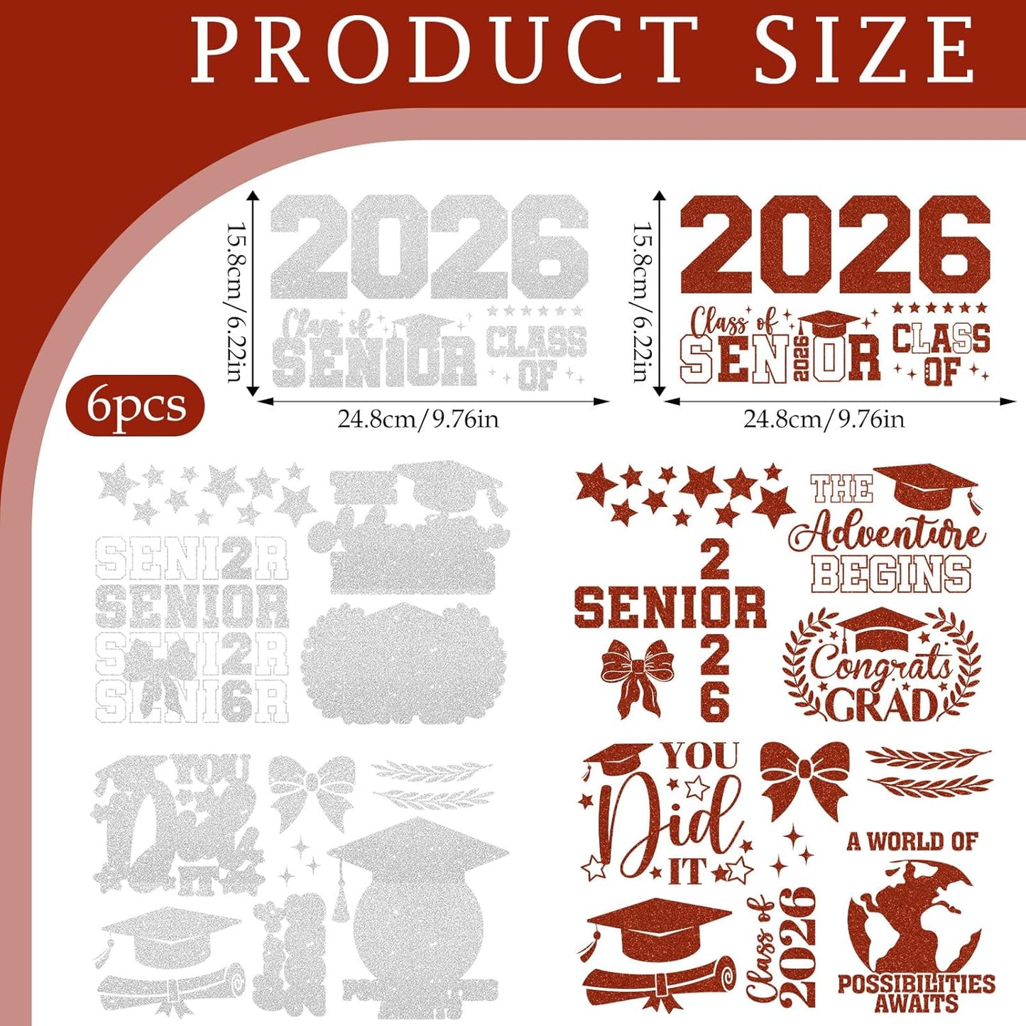 Dazoratix Class of 2026 Iron on Transfers - 6 Sheets Graduation Senior Glitter DTF Transfers Ready to Press Heat Patches Decals Viny Stickers for Shirt Stole Skirts DIY Crafts Decorations (Red Silver)