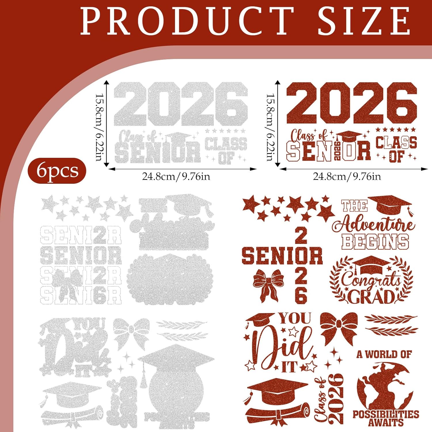 Dazoratix Class of 2026 Iron on Transfers - 6 Sheets Graduation Senior Glitter DTF Transfers Ready to Press Heat Patches Decals Viny Stickers for Shirt Stole Skirts DIY Crafts Decorations (Red Silver)