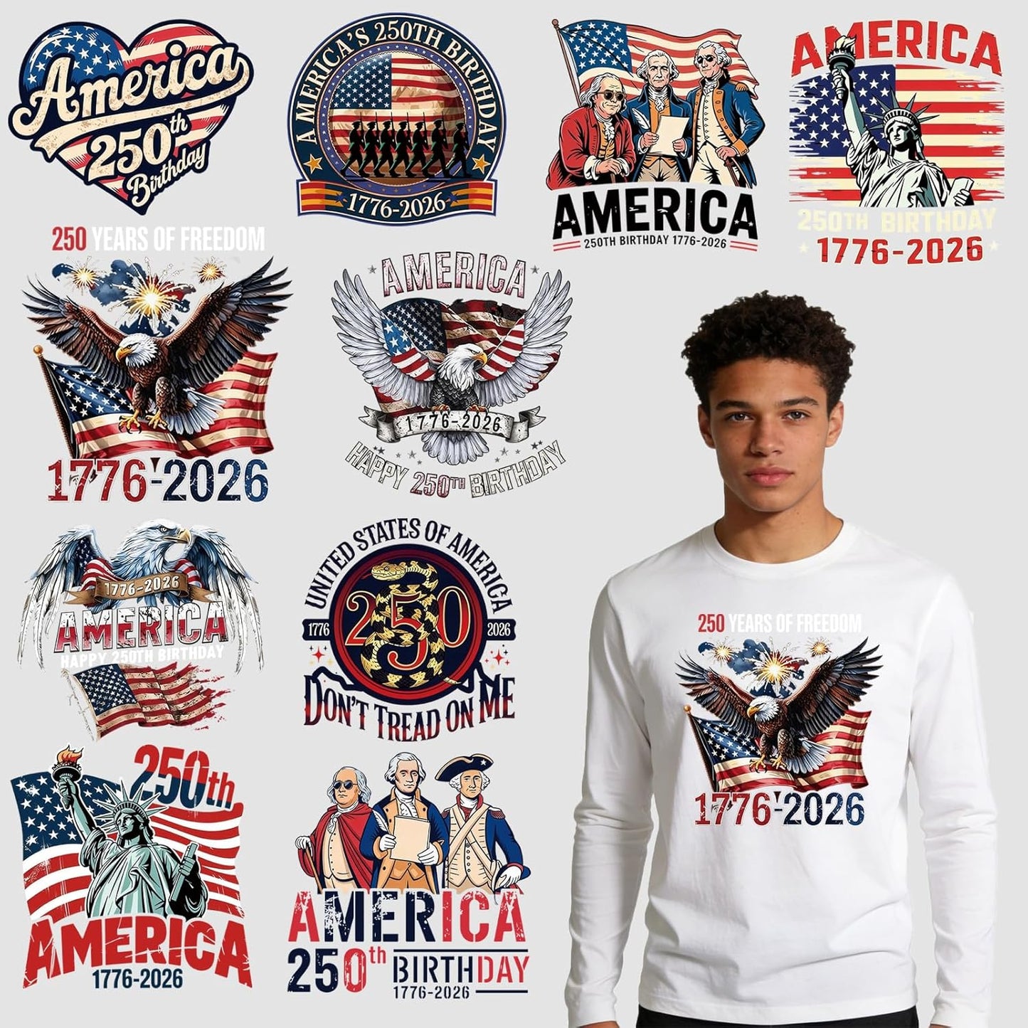 Soccer Iron-on Patches for T-Shirts America's 250th Anniversary Red White Blue Vintage Style 8in & 7.8in Iron-On Sew-On with Eagle Statue Liberty US Flag 1776-2026 Designs for Jackets Jeans DIY 10 Pcs
