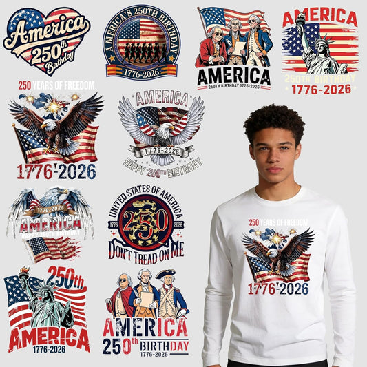 Soccer Iron-on Patches for T-Shirts America's 250th Anniversary Red White Blue Vintage Style 8in & 7.8in Iron-On Sew-On with Eagle Statue Liberty US Flag 1776-2026 Designs for Jackets Jeans DIY 10 Pcs