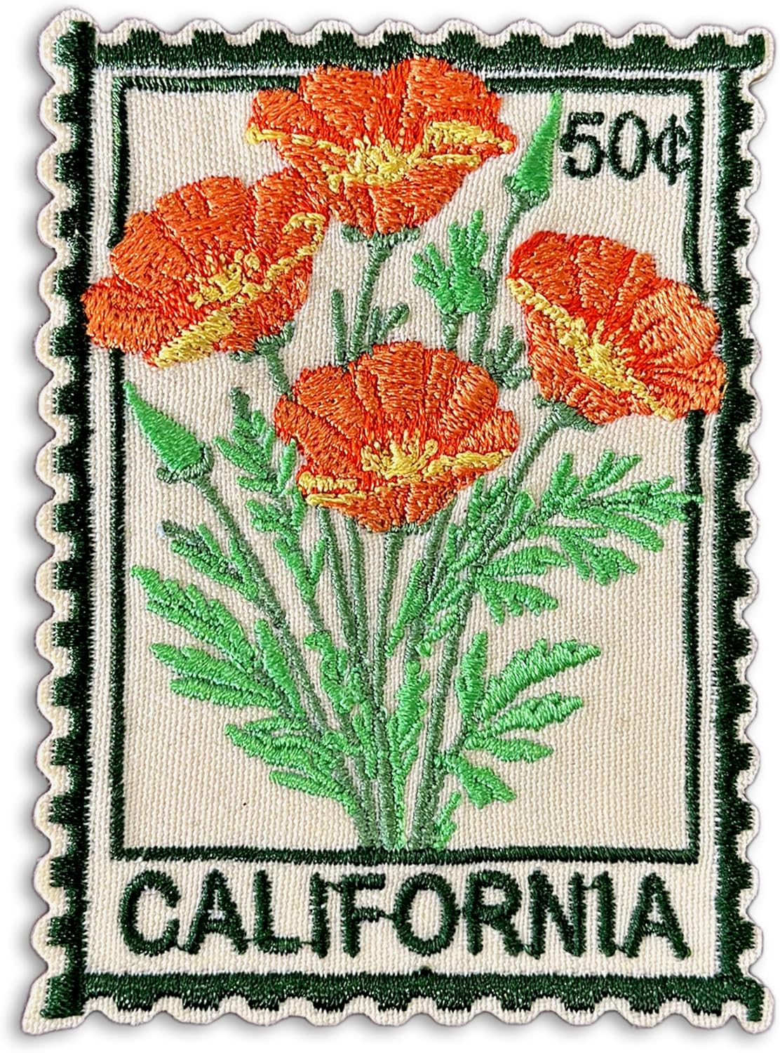 California Poppy Stamp Flower Patch 3" Cute Floral Stamps Travel Lover Iron On/Sew On Embroidery Patch for Caps, Backpacks, Jackets, Uniform DIY PVC Patches Gift for Her Girls 3 Inches