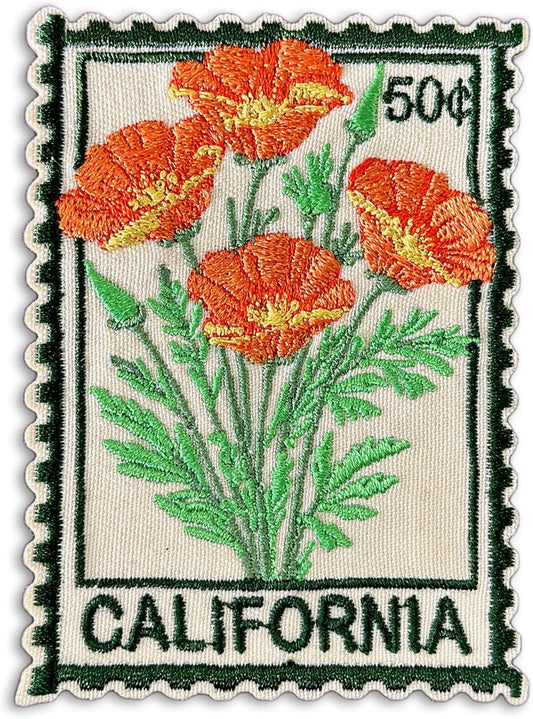 California Poppy Stamp Flower Patch 3" Cute Floral Stamps Travel Lover Iron On/Sew On Embroidery Patch for Caps, Backpacks, Jackets, Uniform DIY PVC Patches Gift for Her Girls 3 Inches