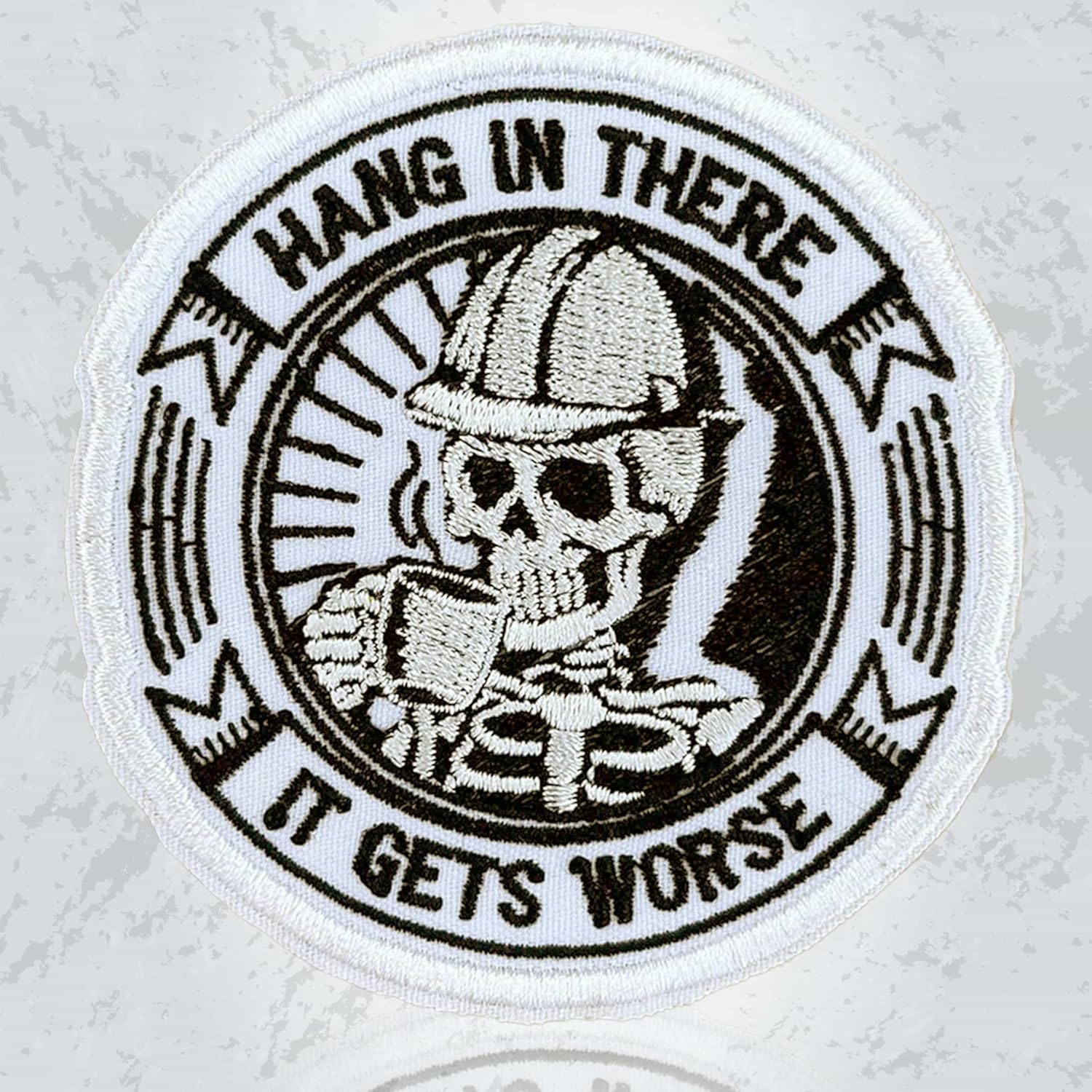 Hang in There It Gets Worse Patch 3 Inch Funny Sarcastic Skeleton Mechanics Embroidered Patches Iron On Sew On for Backpack, Jacket, Hat, Jeans DIY Uniform Clothes Gift for Men Women Kid Size 3 Inches