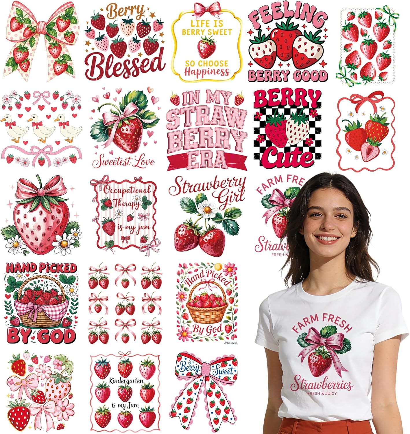 Dazoratix Strawberry Iron on Transfers - 20 Sheets Pink Coquettee Bow DTF Ready to Press Heat Patches Stickers Vinyl Decals for Girls Women T Shirts Clothes Pillow Bag DIY Crafts Appliques Decorations