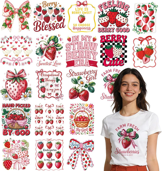 Dazoratix Strawberry Iron on Transfers - 20 Sheets Pink Coquettee Bow DTF Ready to Press Heat Patches Stickers Vinyl Decals for Girls Women T Shirts Clothes Pillow Bag DIY Crafts Appliques Decorations