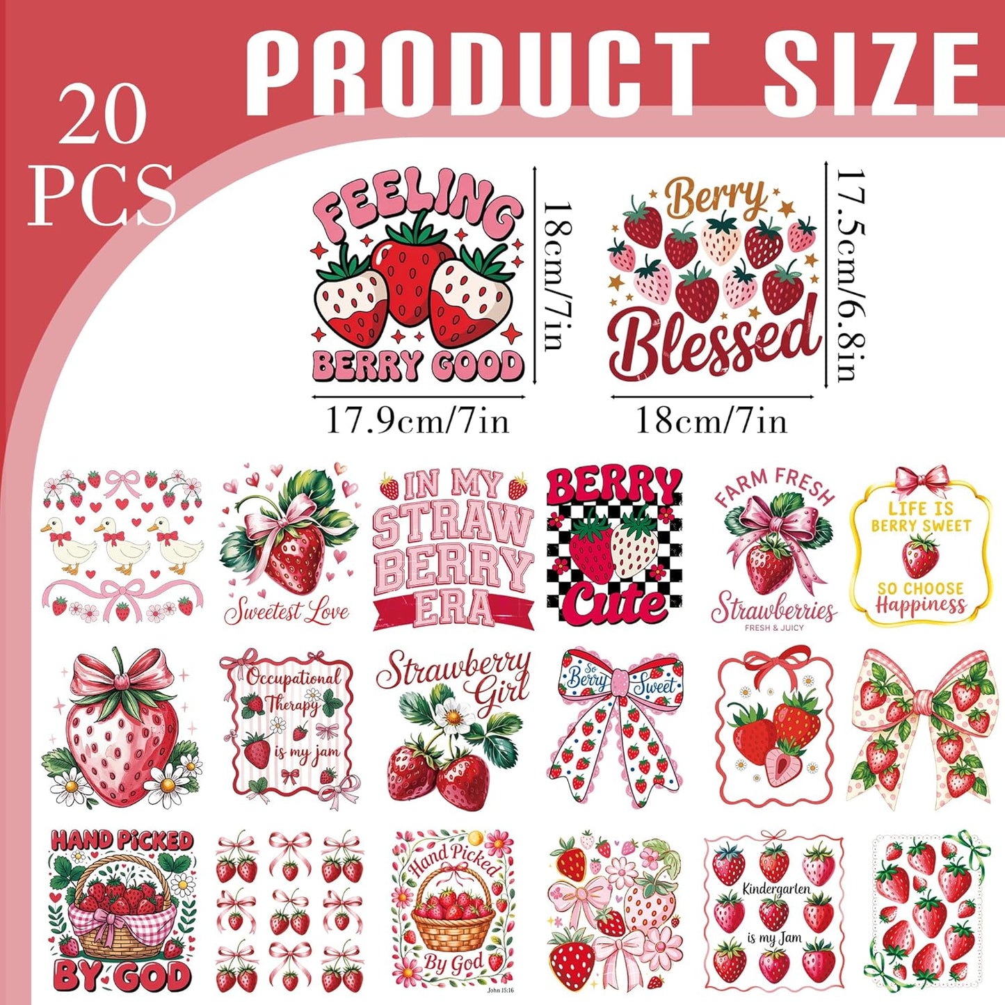 Dazoratix Strawberry Iron on Transfers - 20 Sheets Pink Coquettee Bow DTF Ready to Press Heat Patches Stickers Vinyl Decals for Girls Women T Shirts Clothes Pillow Bag DIY Crafts Appliques Decorations