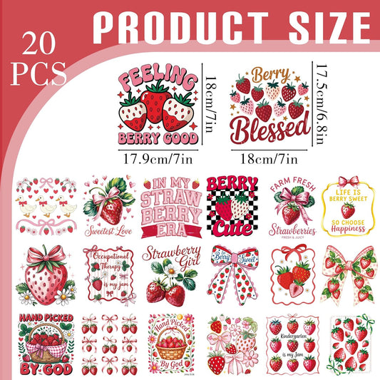 Dazoratix Strawberry Iron on Transfers - 20 Sheets Pink Coquettee Bow DTF Ready to Press Heat Patches Stickers Vinyl Decals for Girls Women T Shirts Clothes Pillow Bag DIY Crafts Appliques Decorations