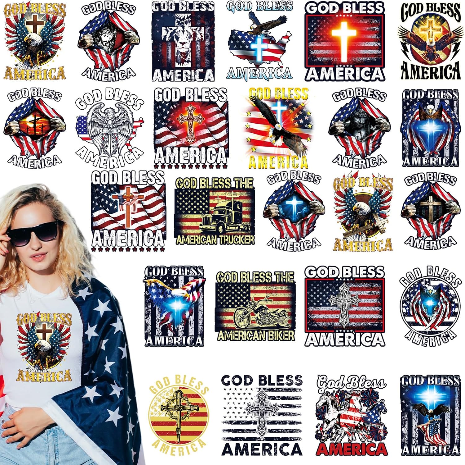 Dazoratix 4th of July Iron on Transfers - 25 Sheets God Bless America DTF Ready to Press Heat Patches American Flag Independence Day Stickers Viny Decals for T Shirts Clothes Pillow Bag Hat DIY Crafts