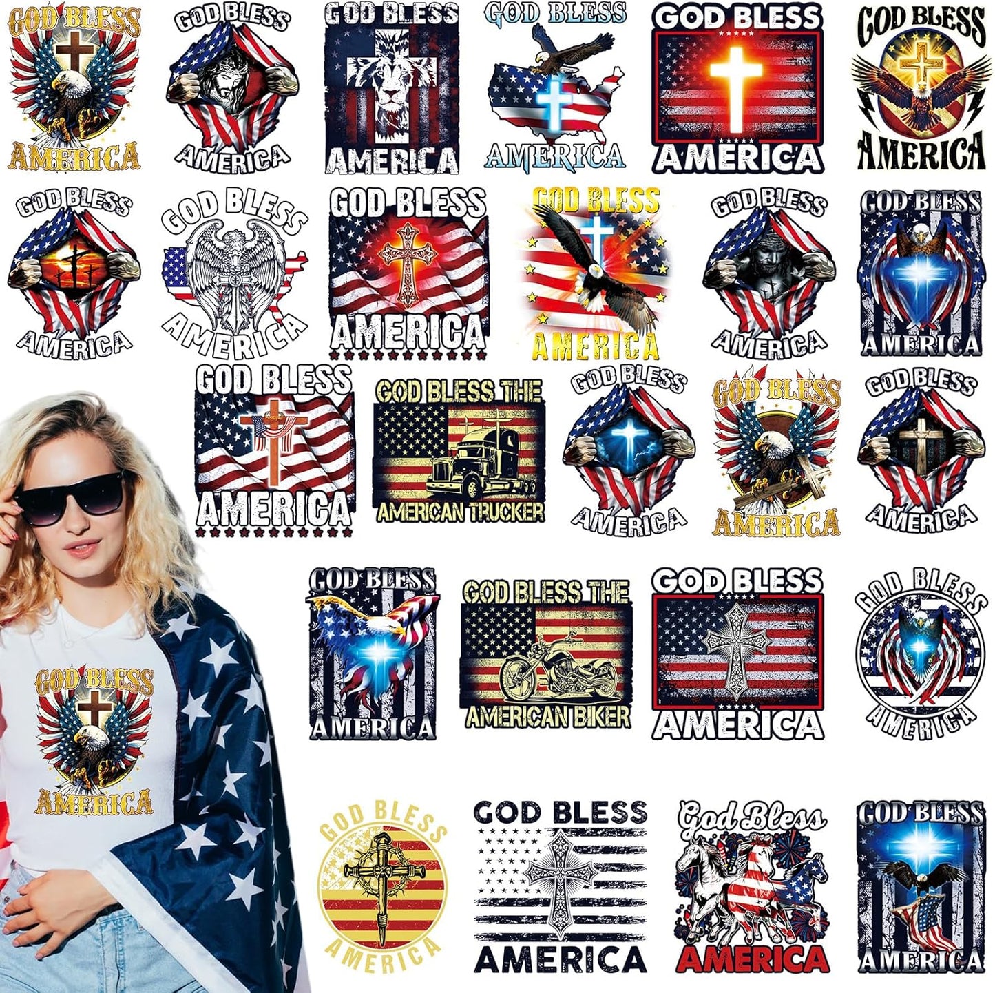 Dazoratix 4th of July Iron on Transfers - 25 Sheets God Bless America DTF Ready to Press Heat Patches American Flag Independence Day Stickers Viny Decals for T Shirts Clothes Pillow Bag Hat DIY Crafts