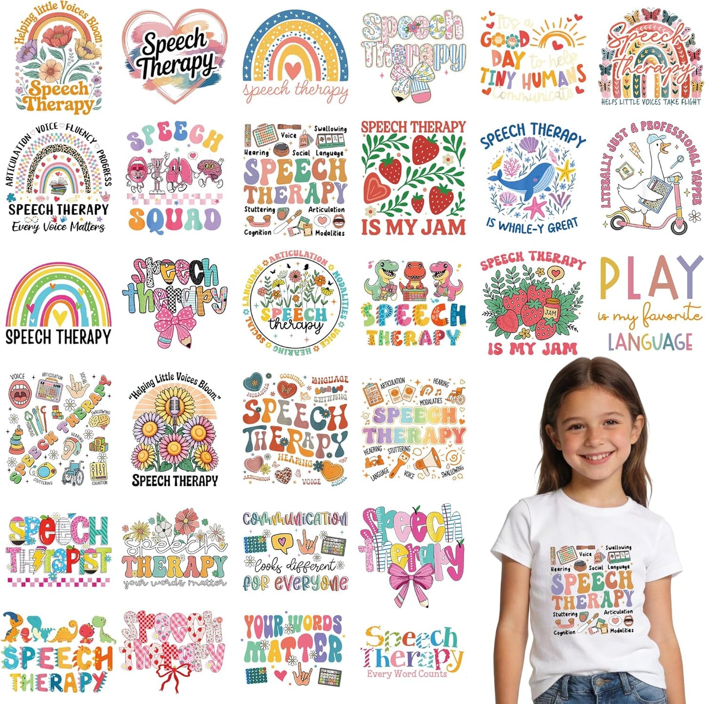 Dazoratix Speech Therapist Iron on Transfers - 30 Sheets SLP DTF Ready to Press Language Pathologist Gift Heat Patches Stickers Vinyl Decals for T Shirts Clothing Pillow Bag Hat DIY Crafts Decorations